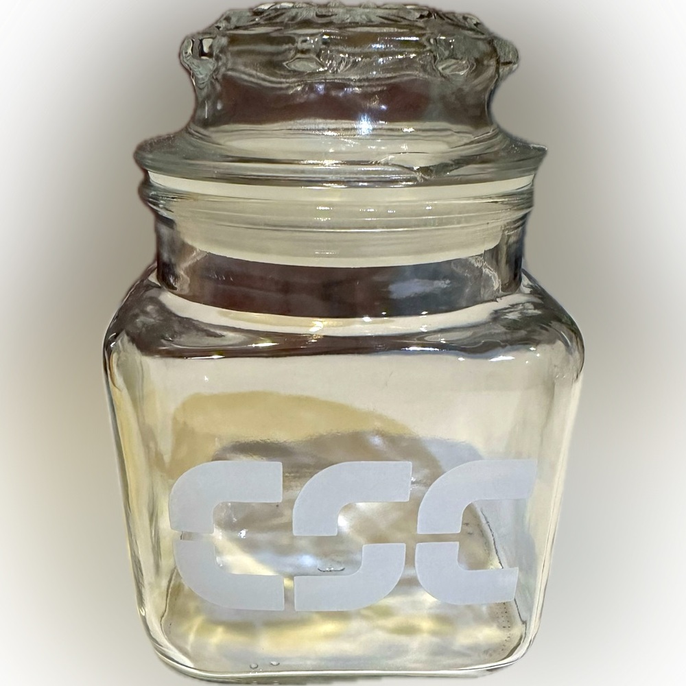 VTG CLEAR GLASS CSC LOGO CANDY SPICE OFFICE STORAGE JAR 4” COLLECTIBLE AIR TIGHT